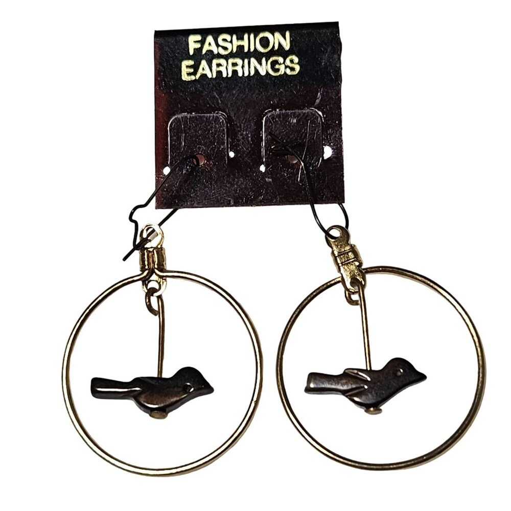 Boho Chic Gold Tone Hoop Earrings Wooden Bird Charms Fashion Jewelry Women